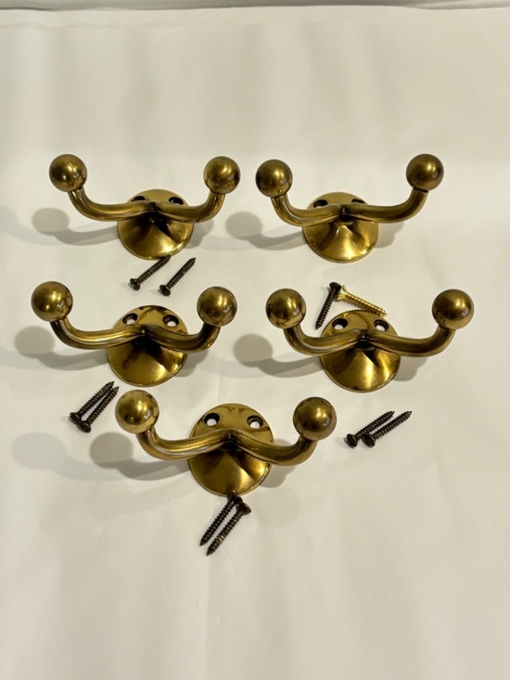 Polished brass traditional double coat and hat racks with ball tips SET OF FIVE